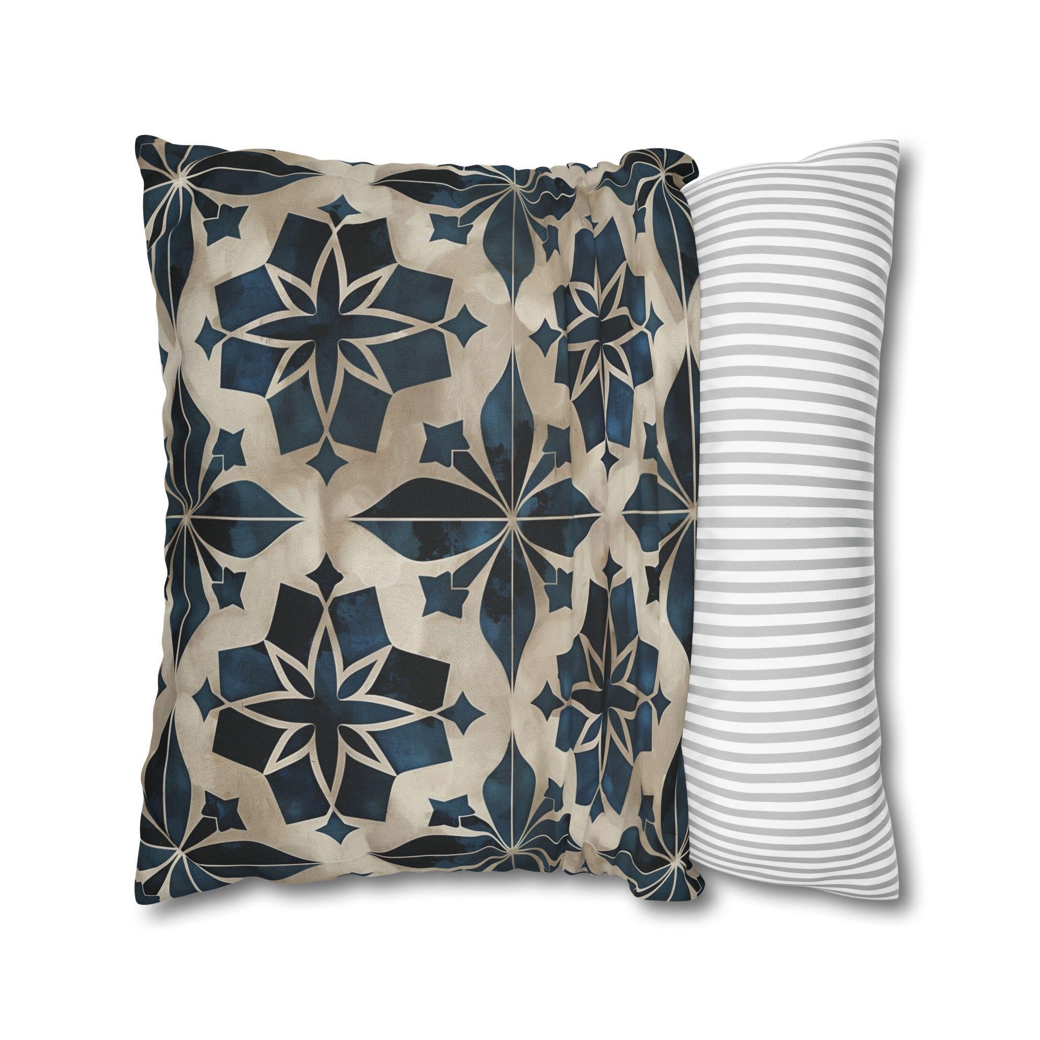 Moroccan Tile Pattern Square Pillowcase, Navy Blue Beige Geometric Design Decorative Cushion Cover