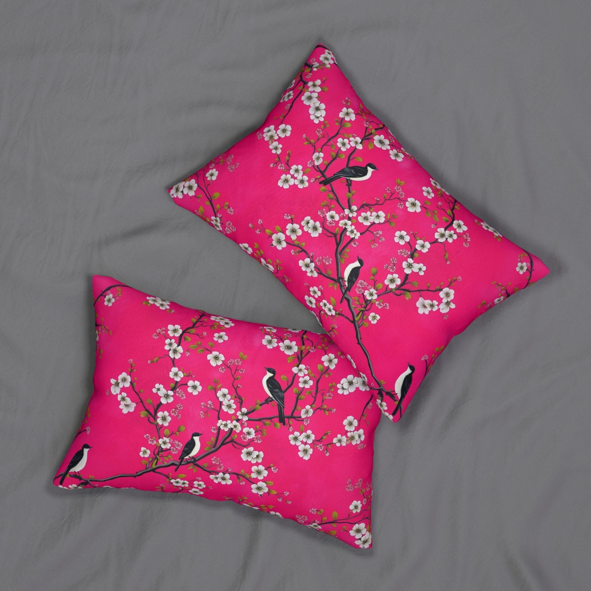 Chinoiserie Magenta Bird Lumbar Pillow: Vibrant Botanical Accent for Eclectic Decor