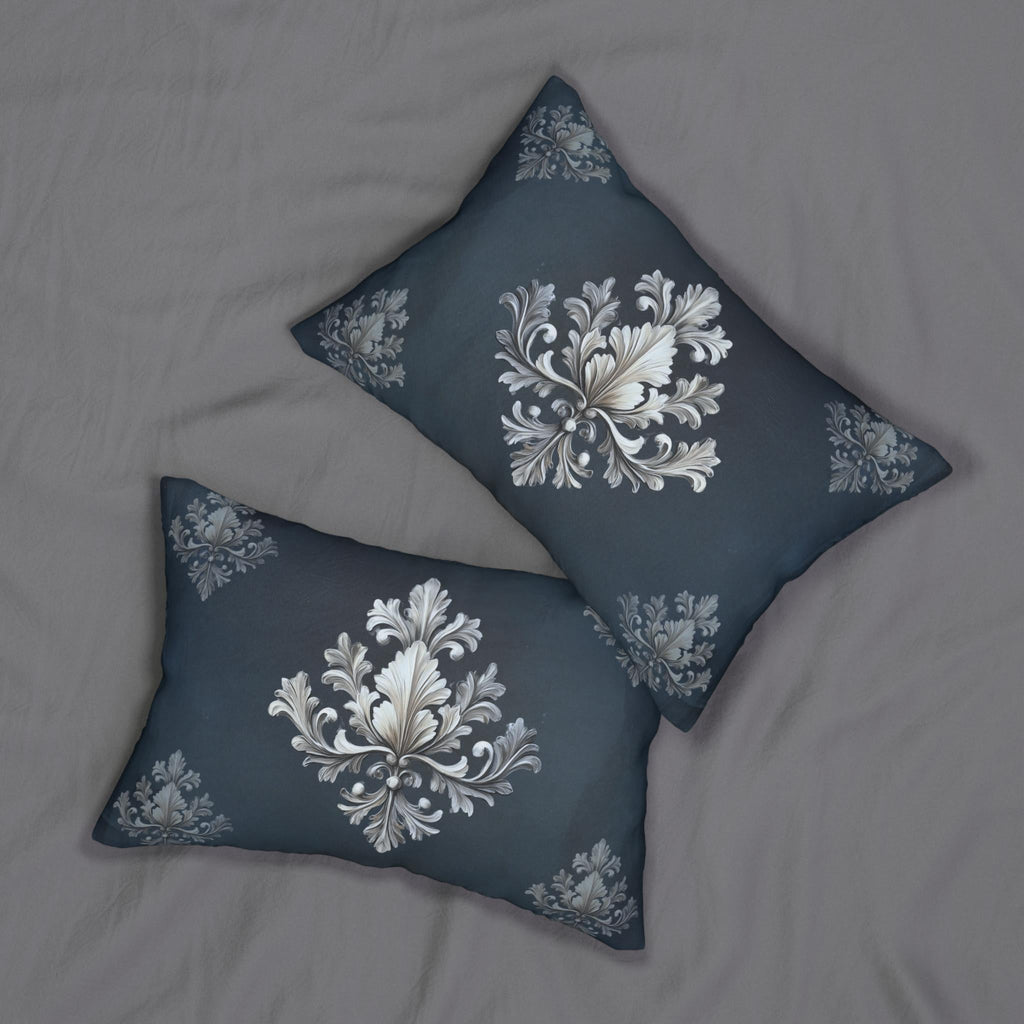 Damask Lumbar Pillow: Navy Blue & Silver Acanthus Leaf Design