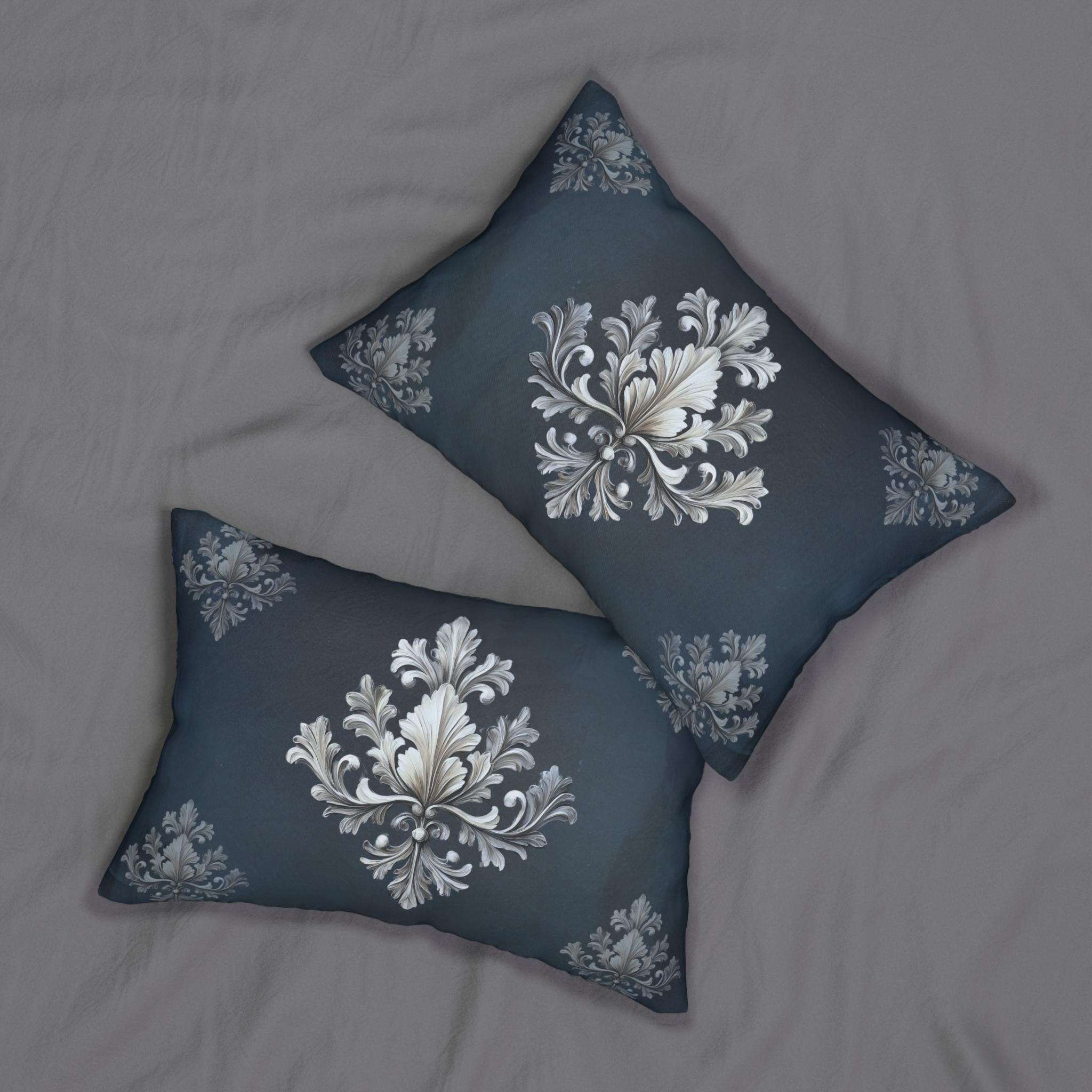 Damask Lumbar Pillow: Navy Blue & Silver Acanthus Leaf Design