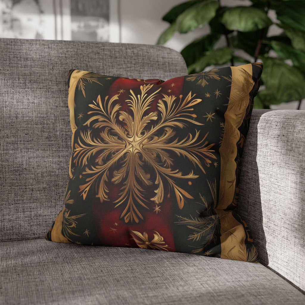 Elegant Holiday Snowflake Pillow Cover: Festive Red, Green & Gold Striped Christmas Decor for Home