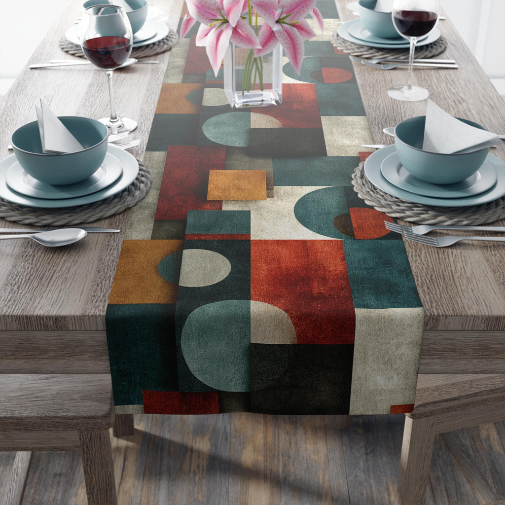 Bauhaus Table Runner: Geometric Mid Century Modern Decor in Teal-Gray, Rust and Cream