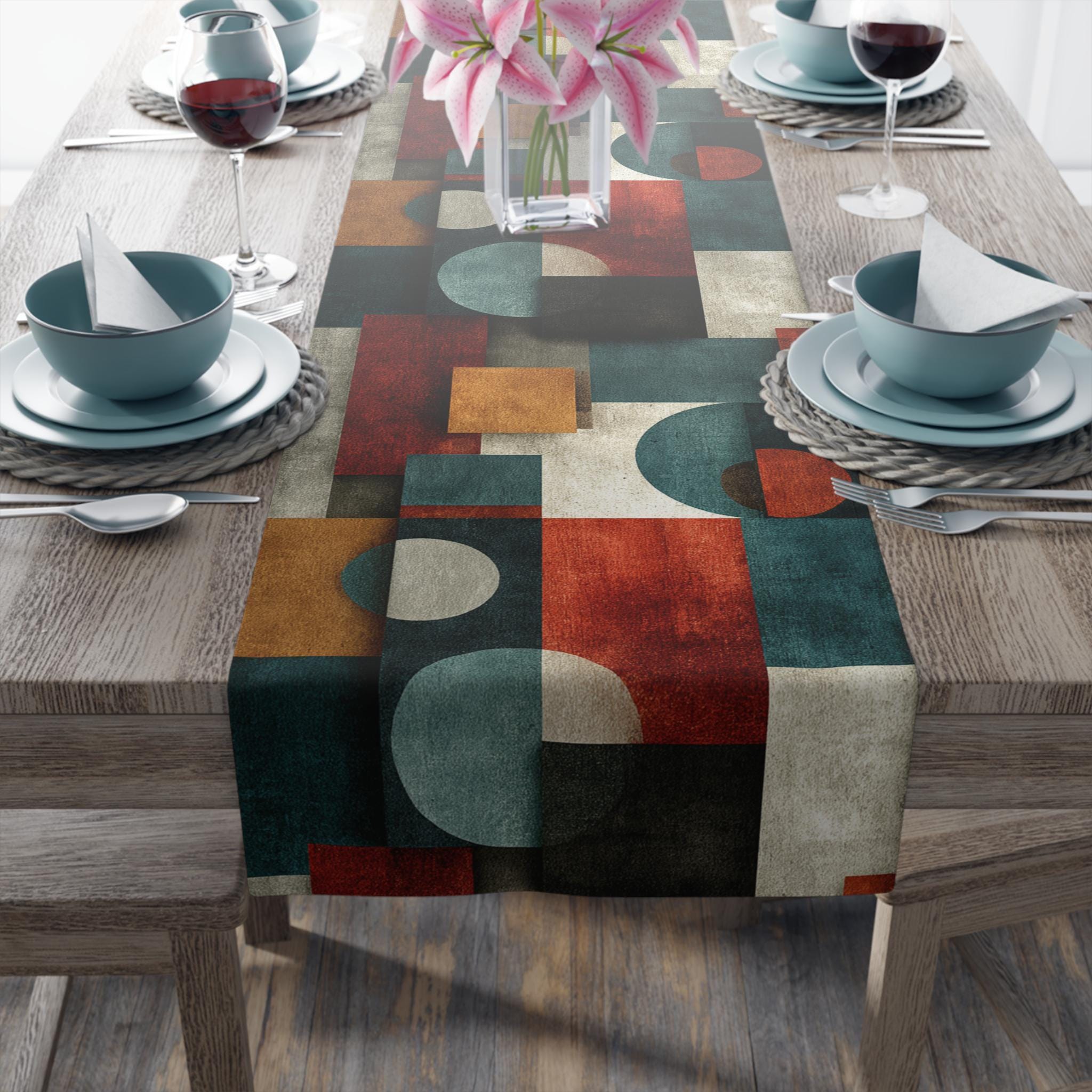 Bauhaus Table Runner: Geometric Mid Century Modern Decor in Teal-Gray, Rust and Cream