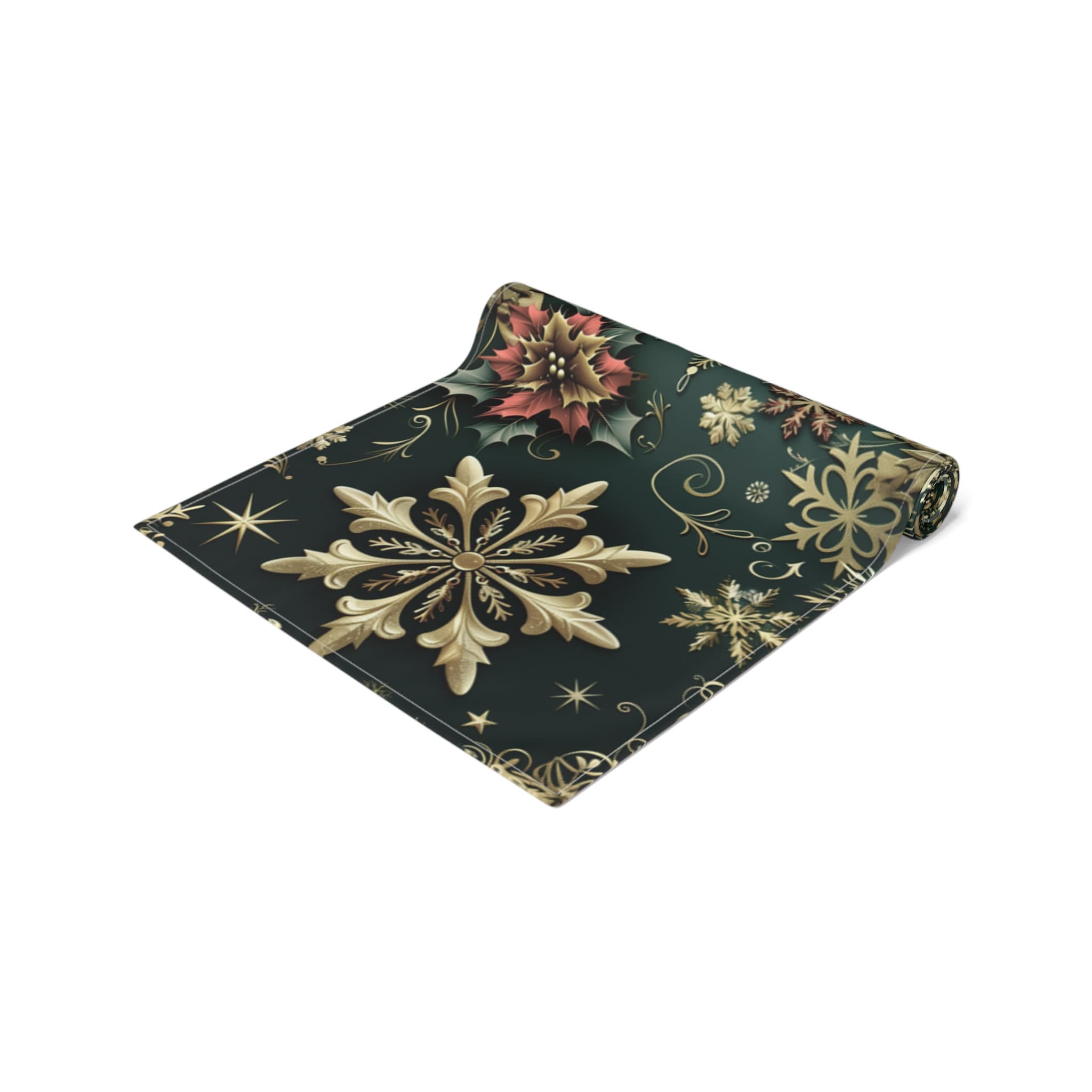 Poinsettia Christmas Table Runner: Emerald, Gold Snowflakes, Holiday Dining