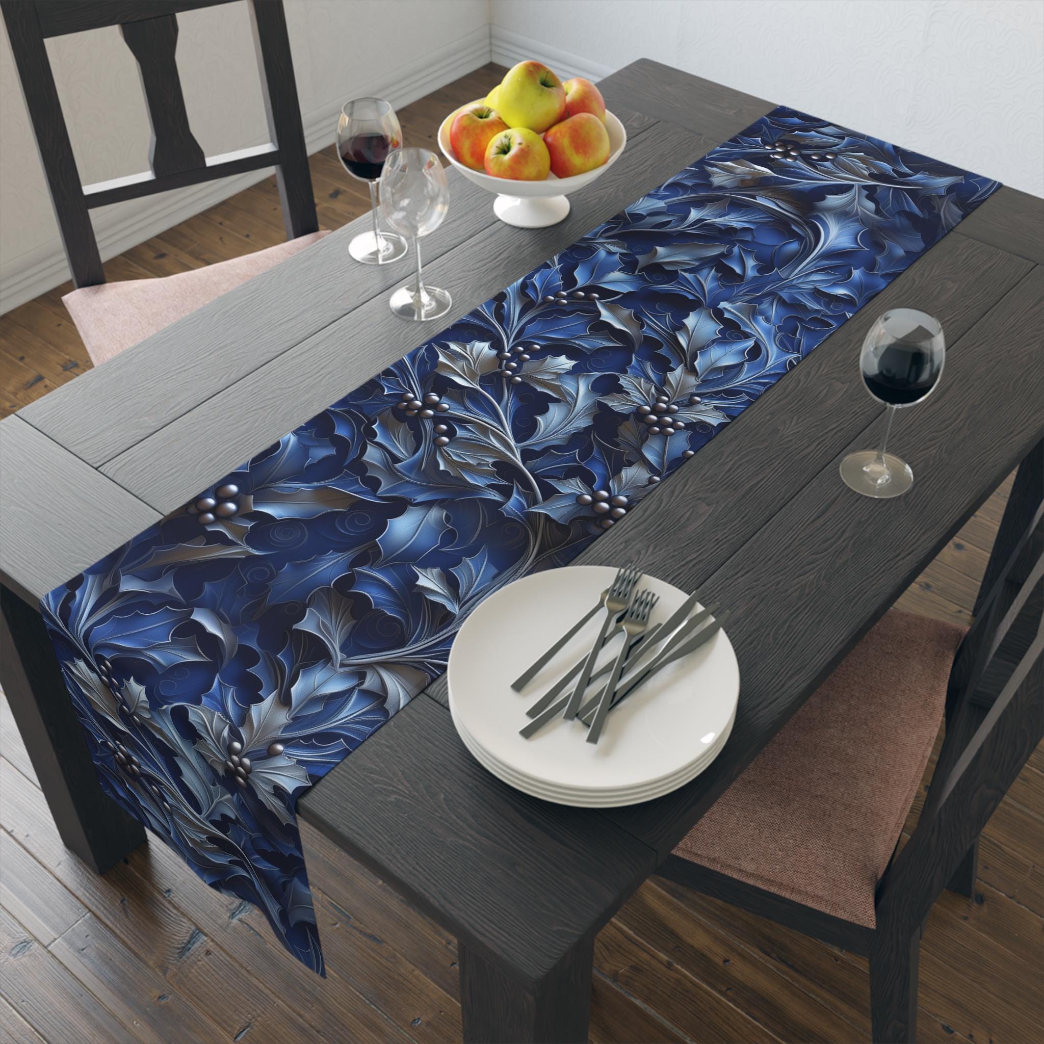 Elegant Silver & Blue Holly Leaf Christmas Table Runner - Moody Contemporary Holiday Decor