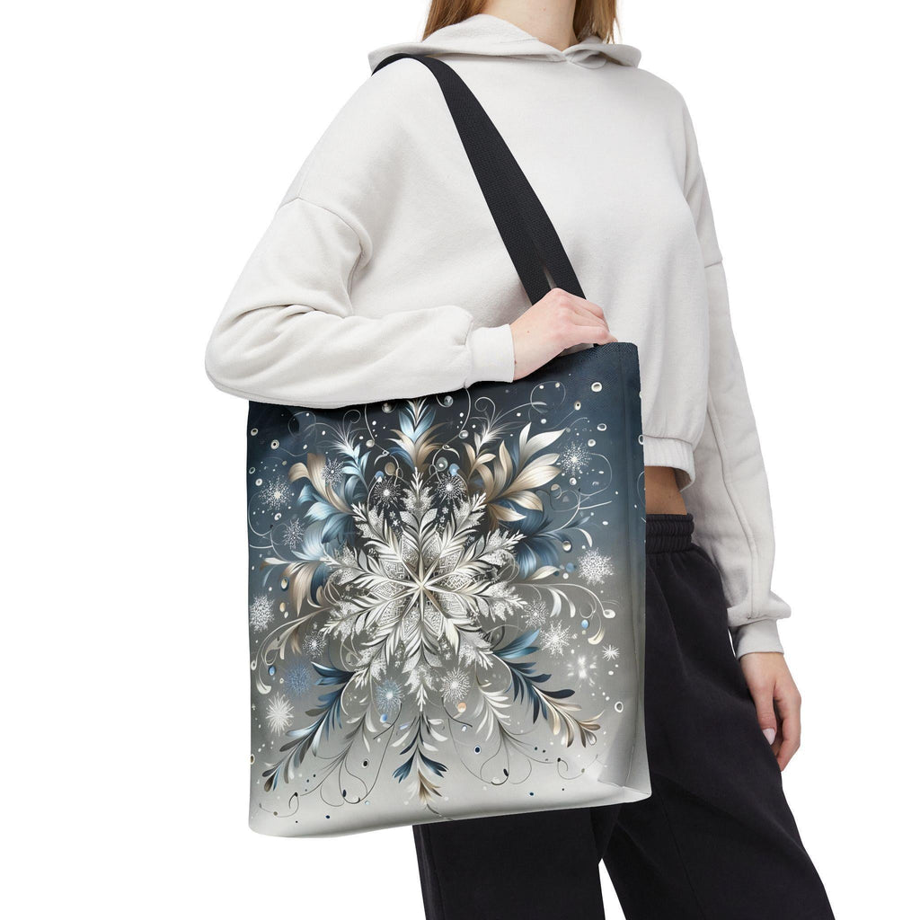 Elegant Snowflake Tote Bag, Silver & Blue Polyester Canvas