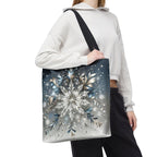 Elegant Snowflake Tote Bag, Silver & Blue Polyester Canvas