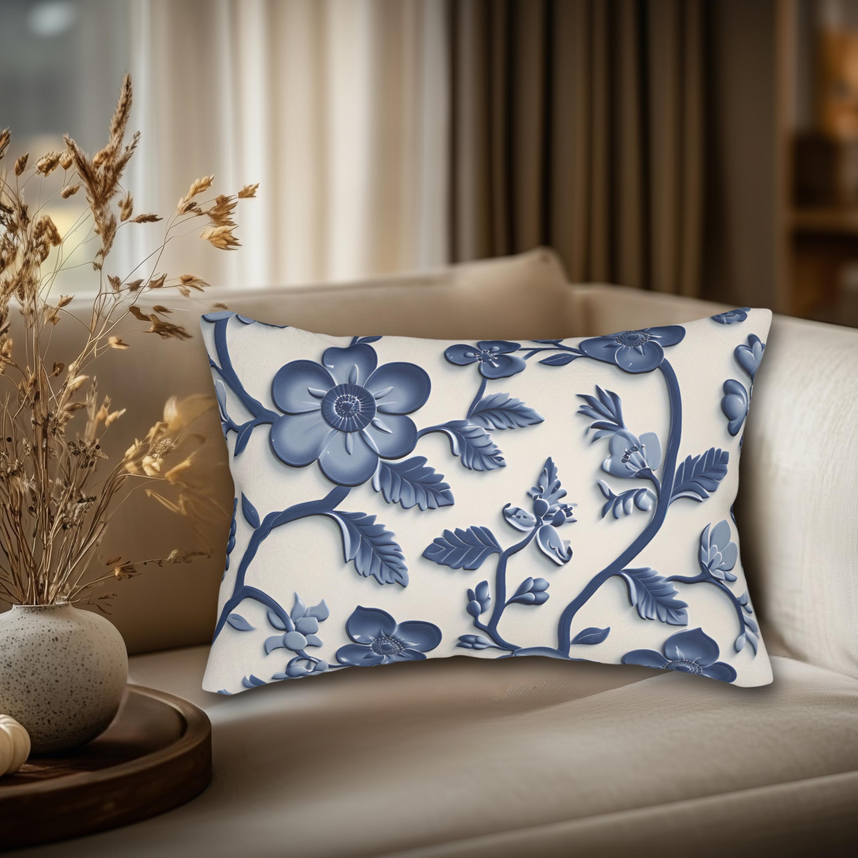 Chinoiserie Blue White Floral Lumbar Pillow | Elegant Pottery Pattern Accent Cushion