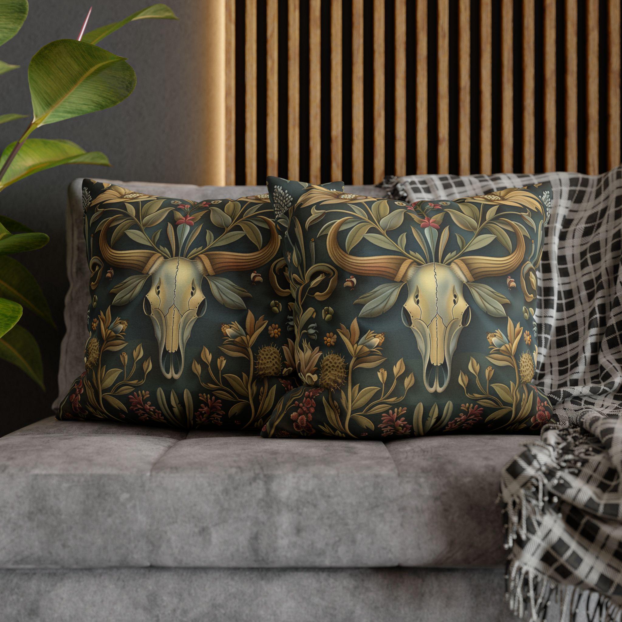 Longhorn Skull Floral Pillow Cover: Western Arts & Crafts Decor with Morris-Inspired Southwest Design