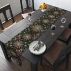 Emerald Christmas Table Runner: Elegant Gold Snowflake and Poinsettia Design for Festive Dining Decor