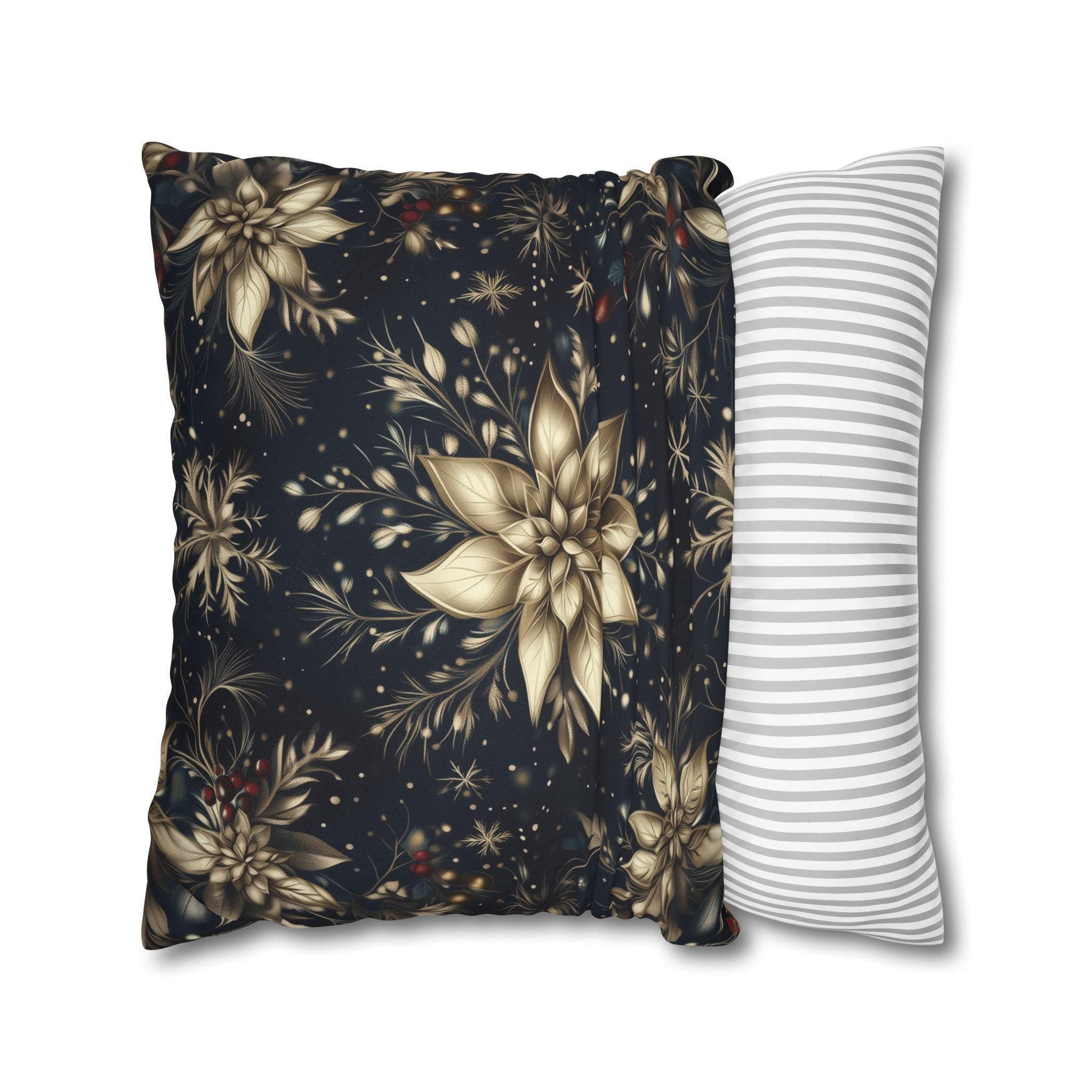 Elegant Holiday Pillow Cover | Golden Poinsettia Design | Navy Blue Background