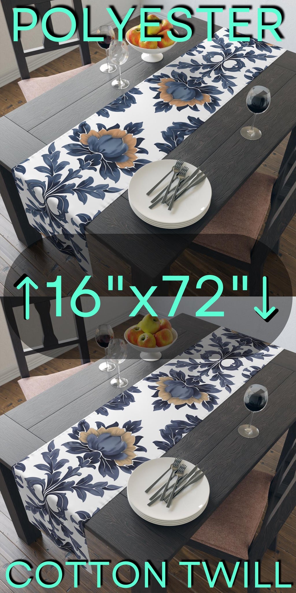 Floral French Country Table Runner: Blue Camel Farmhouse Decor