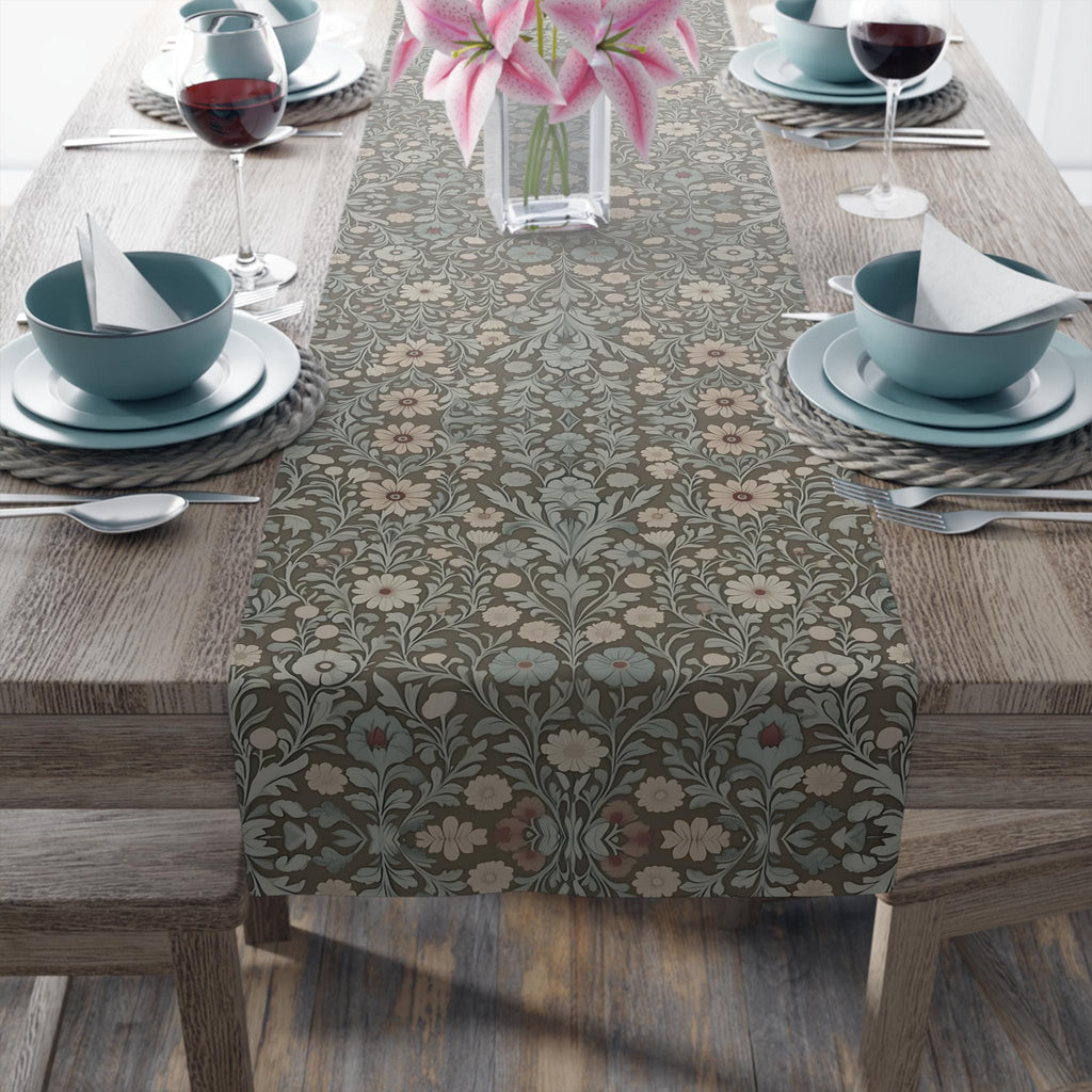 William Morris Table Runner: Soft Sage, Taupe, Blush Botanical Print