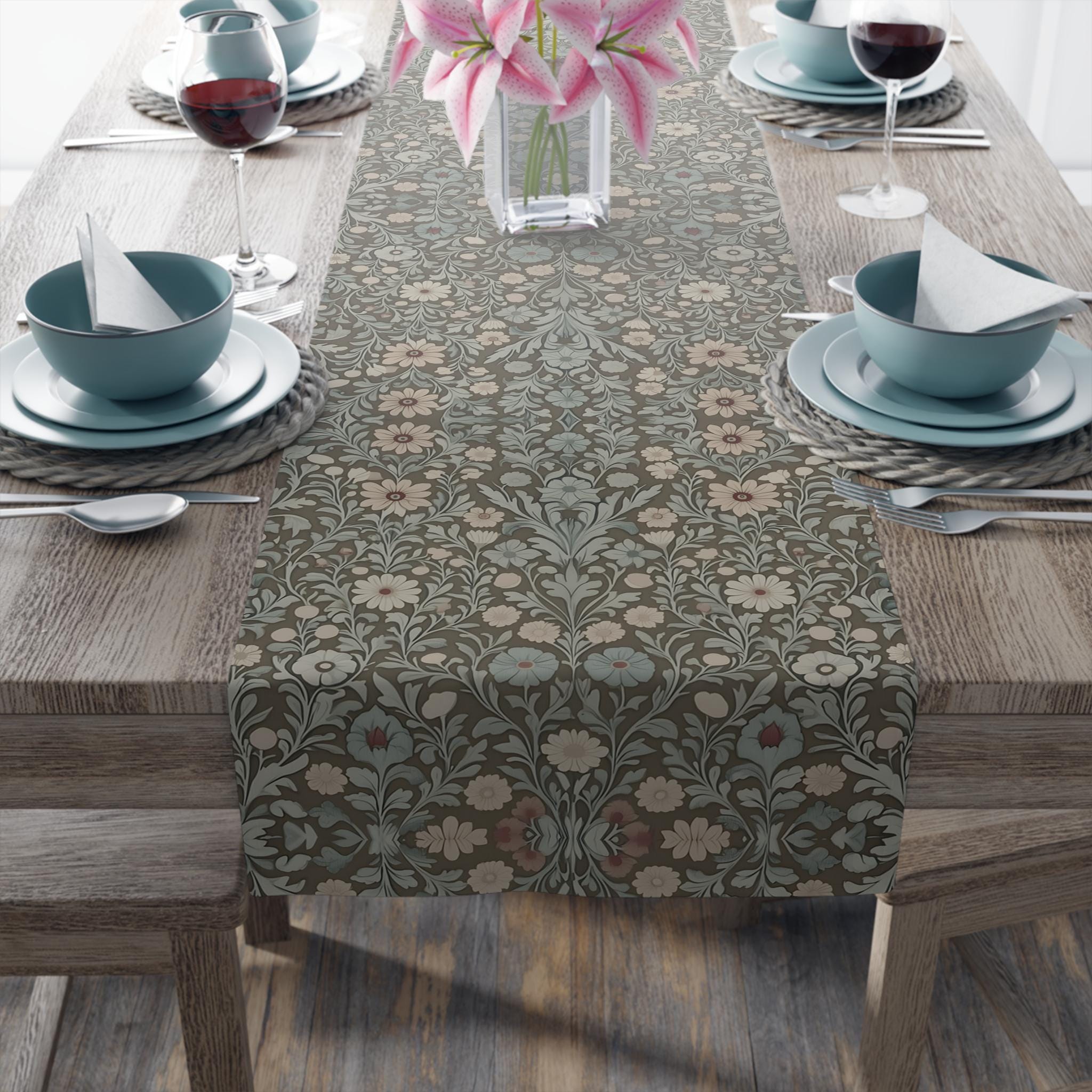 William Morris Table Runner: Soft Sage, Taupe, Blush Botanical Print