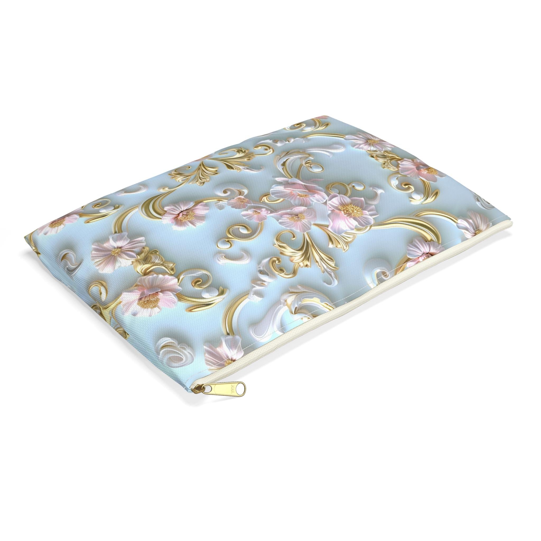 Rococo Zipper Pouch: Golden Scrollwork, Pink Flowers, Coquette Accessory