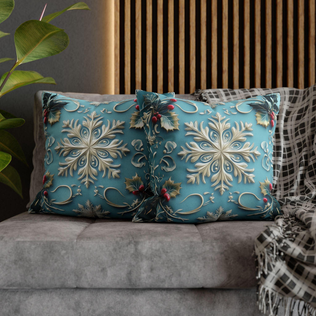 Snowflakes & Blue Christmas Pillow Cover Holly Leaves and Berries Design Gradient Blue Background