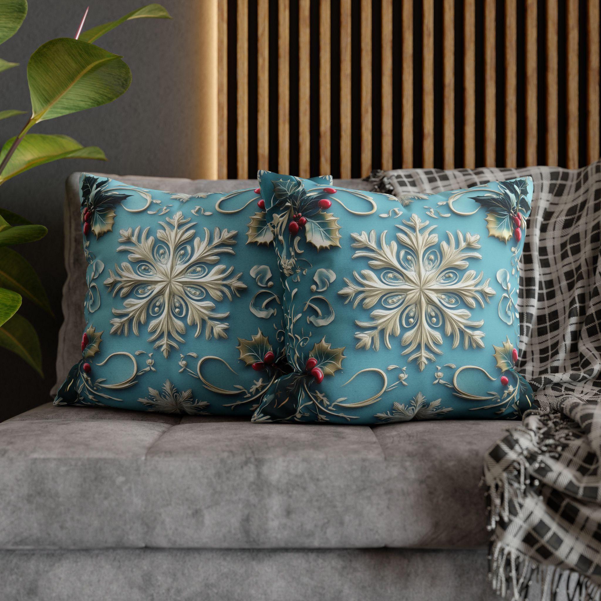 Snowflakes & Blue Christmas Pillow Cover Holly Leaves and Berries Design Gradient Blue Background