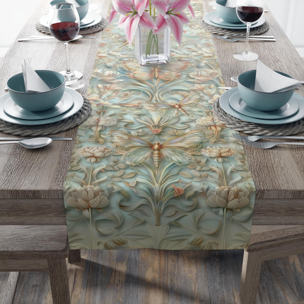 William Morris Table Runner: Celadon Aqua Pastel Floral Butterfly Design
