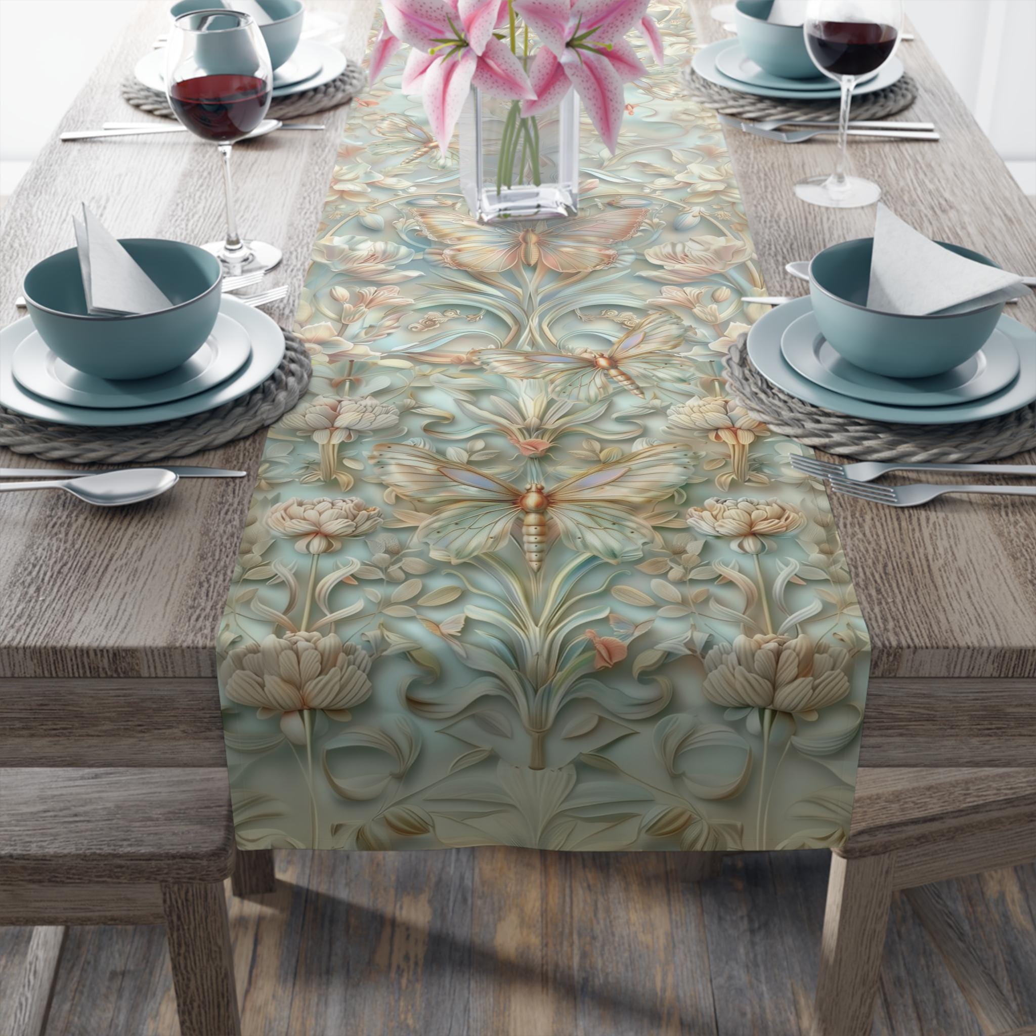 William Morris Table Runner: Celadon Aqua Pastel Floral Butterfly Design