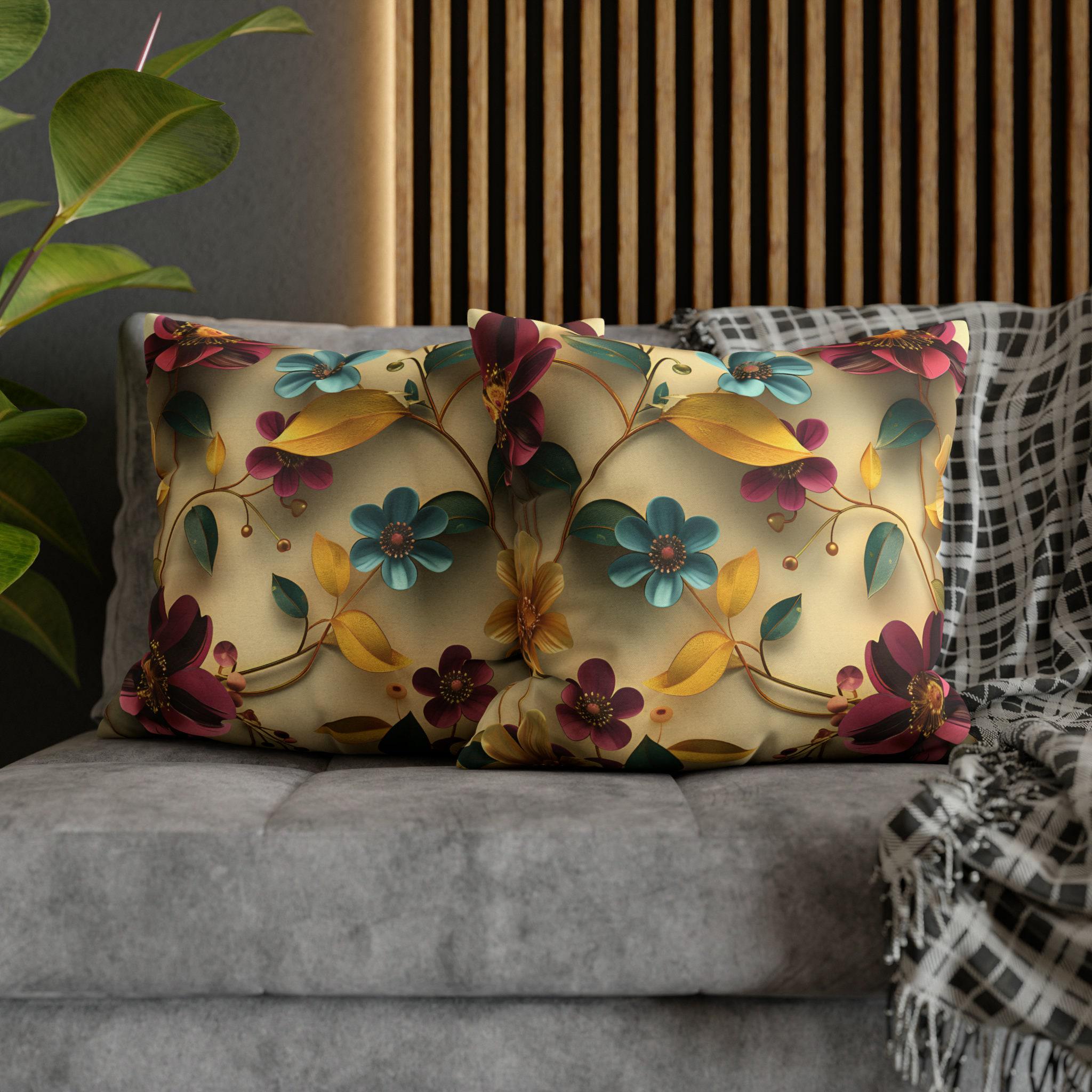 Botanical Floral Square Throw Pillow Cover: Teal, Marigold, Plum on Warm Beige Cushion Case