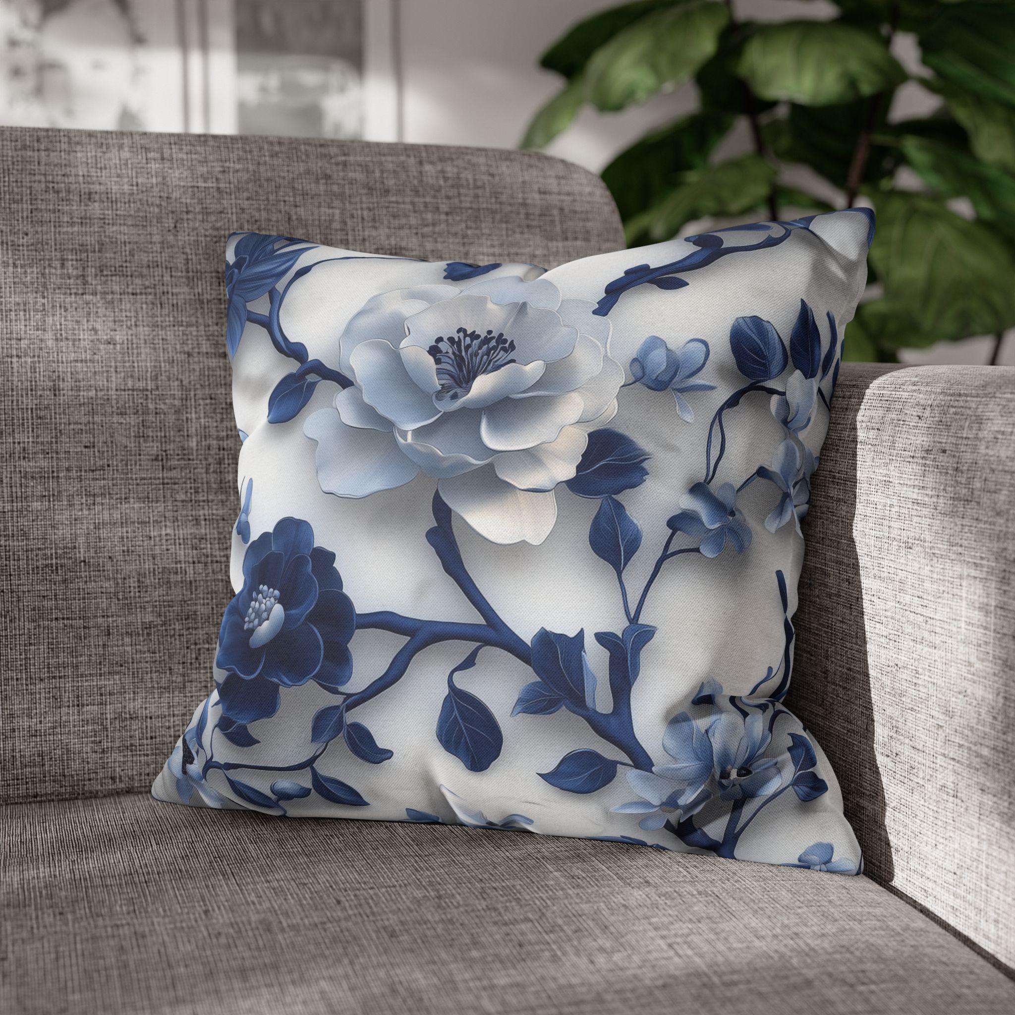 Chinoiserie Pillow Cover | Blue & White Peonies and Camellias | Elegant Home Decor Gift for Home
