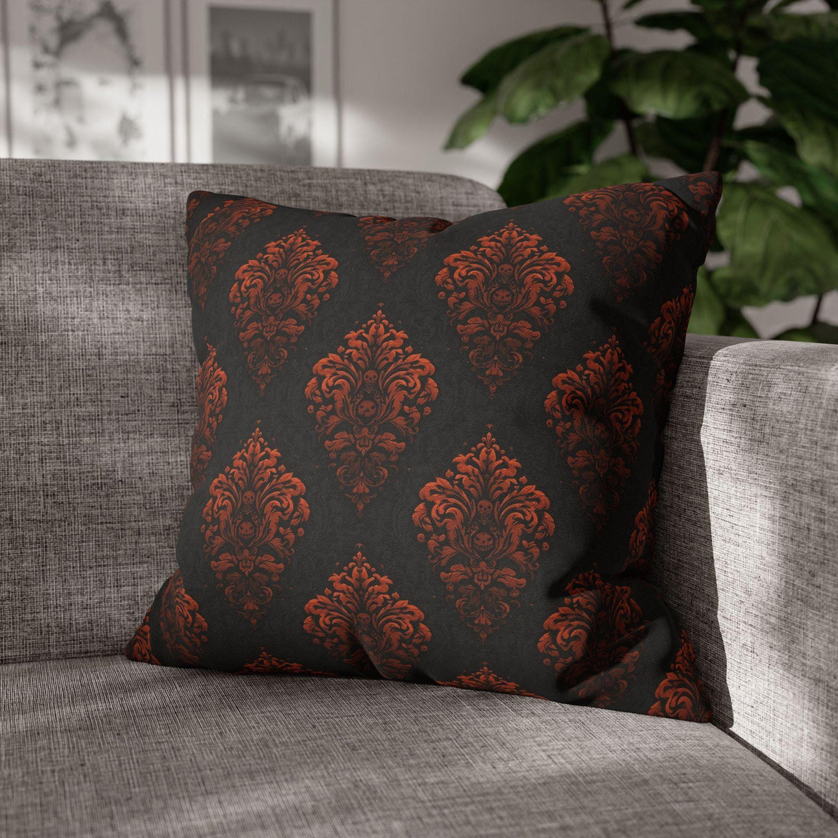 Halloween Damask Pillow Cover: Hidden Skulls in Black and Burnt Orange