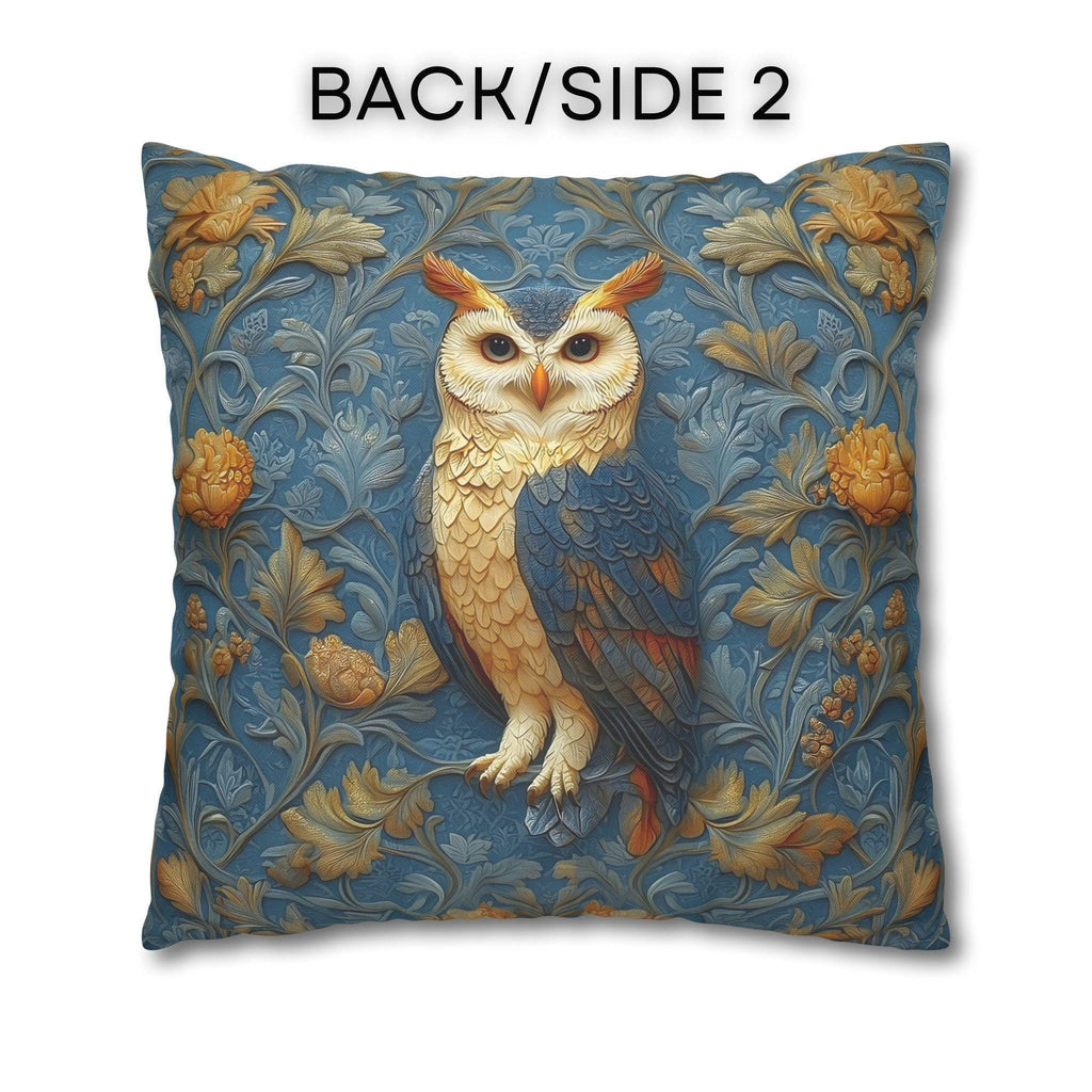 William Morris Style Throw Pillow Cover: Blue and Gold Owl Design