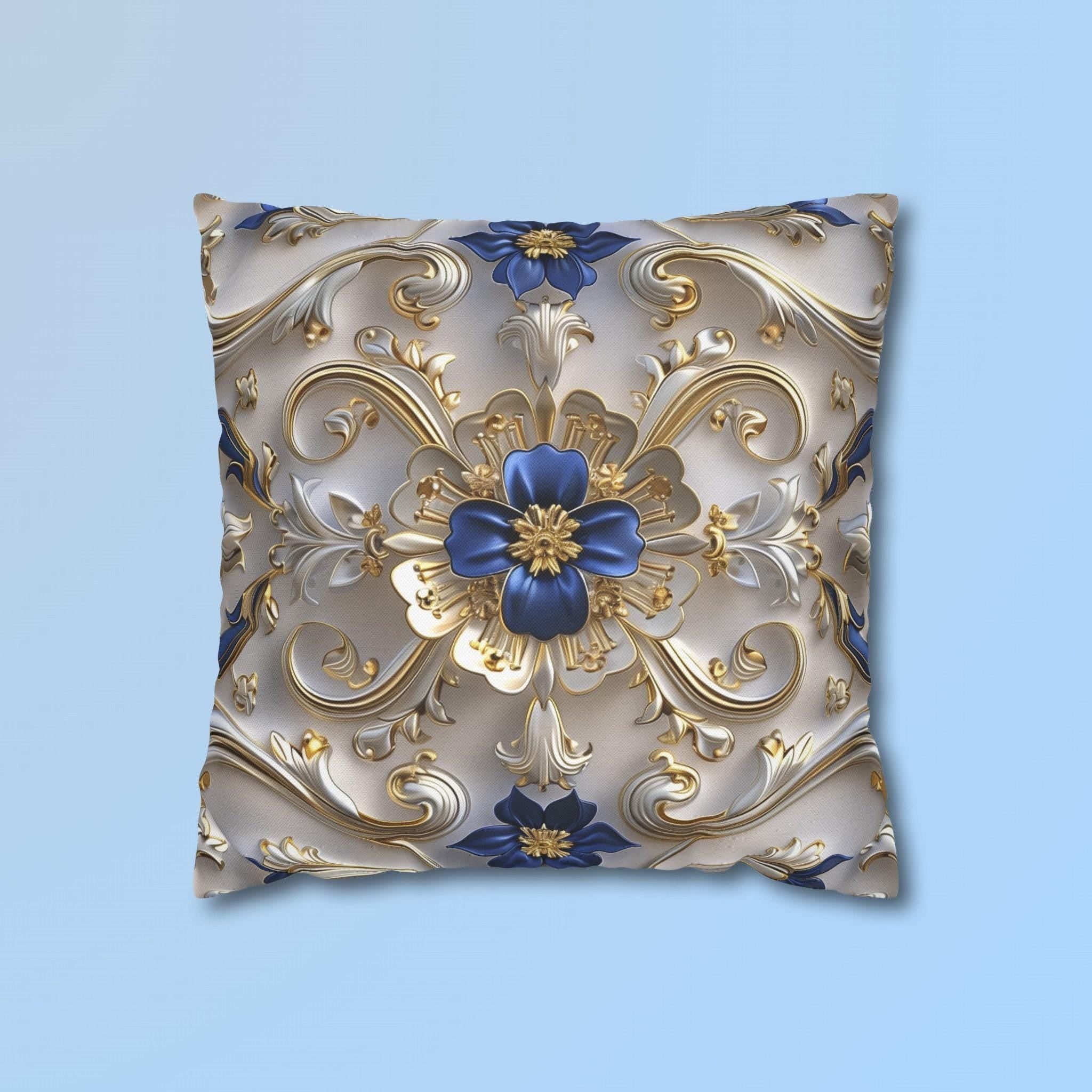 Baroque Inspired Throw Pillow Cover Blue and Gold Ornate Design Elegant Home Decor Gift