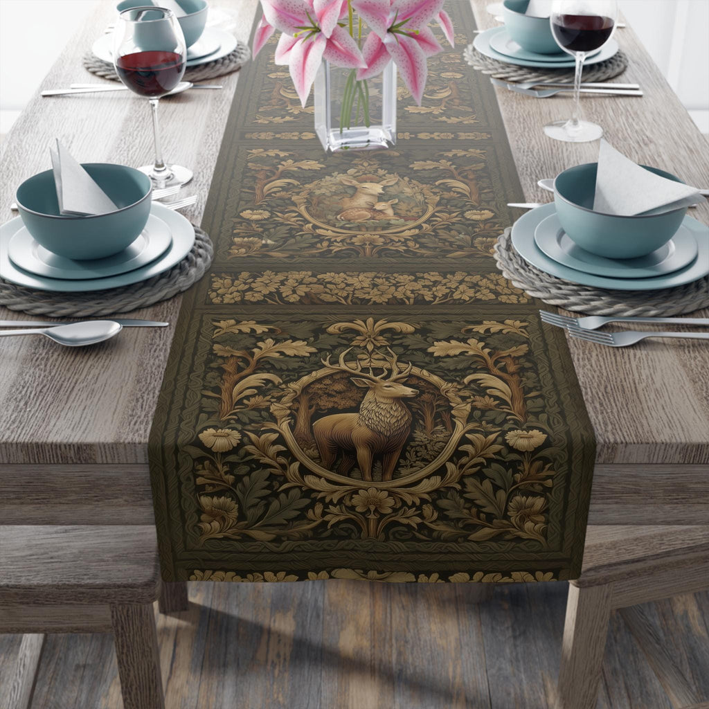 William Morris Inspired Noble Stag Table Runner: with Doe and Fawn Woodland Design