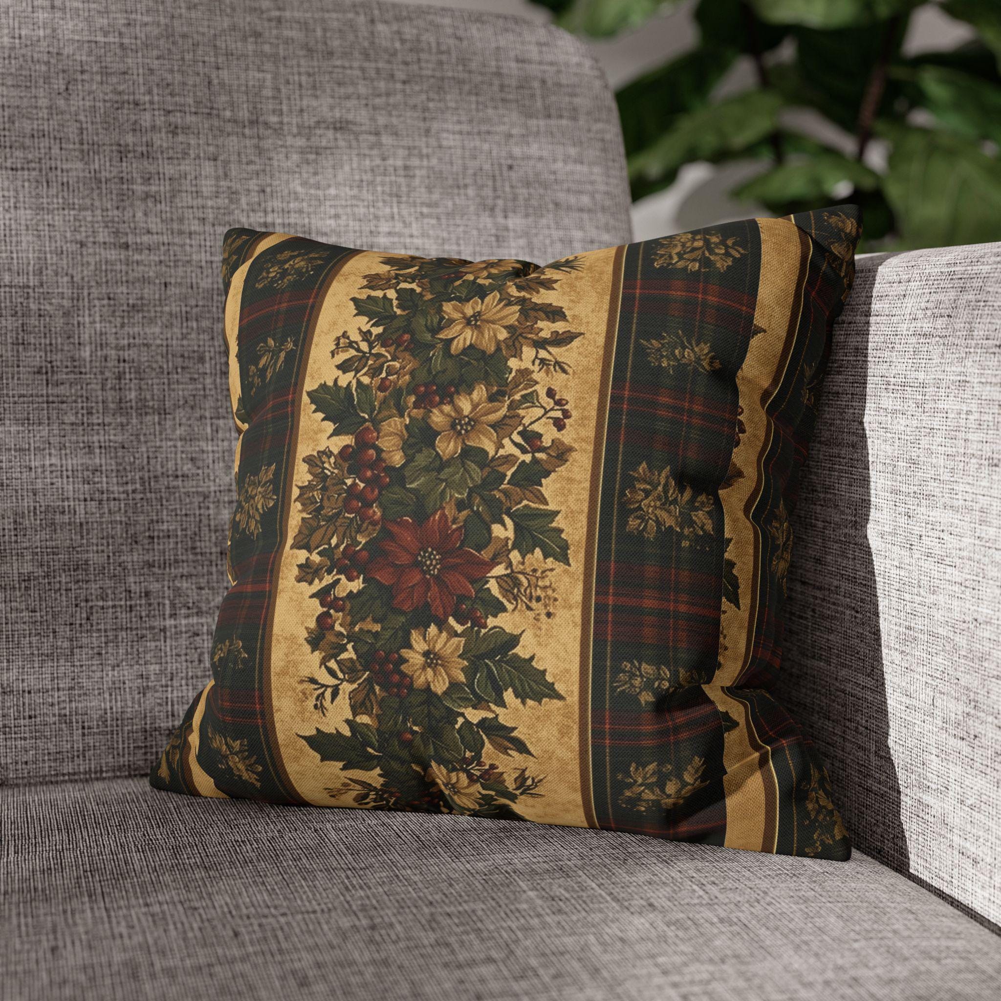 Plaid Botanical Stripes Christmas Throw Pillow Cover: Vintage Style with Poinsettias and Holly