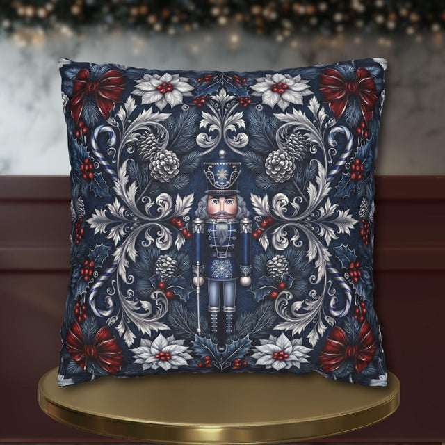 William Morris Christmas Nutcracker Pillow Cover: Blue, Red, and Silver Vintage Style Holiday Decor