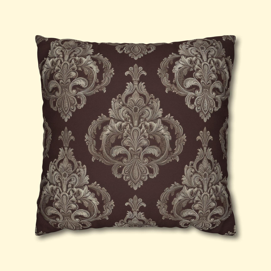 Elegant Damask Square Pillowcase: Taupe & Gray Motifs on Chocolate Brown, Sophisticated Home Decor