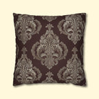 Elegant Damask Square Pillowcase: Taupe & Gray Motifs on Chocolate Brown, Sophisticated Home Decor