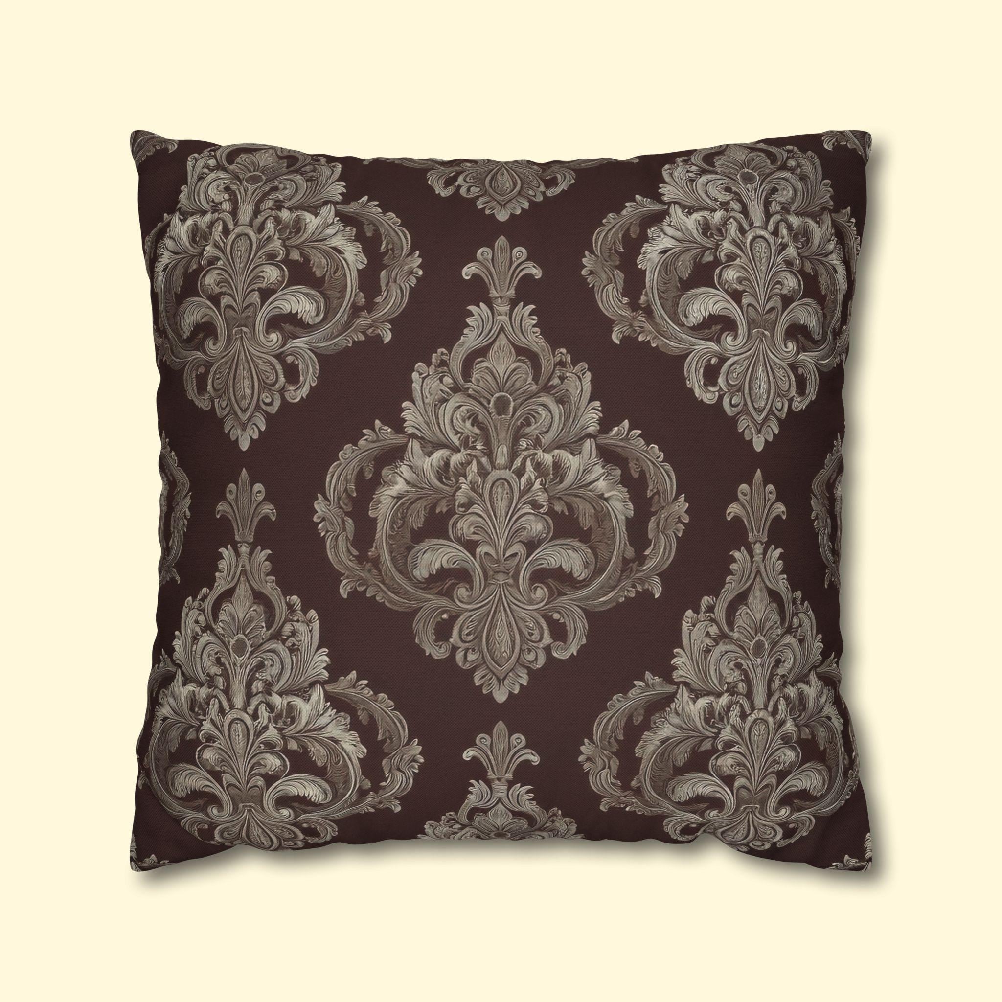Elegant Damask Square Pillowcase: Taupe & Gray Motifs on Chocolate Brown, Sophisticated Home Decor