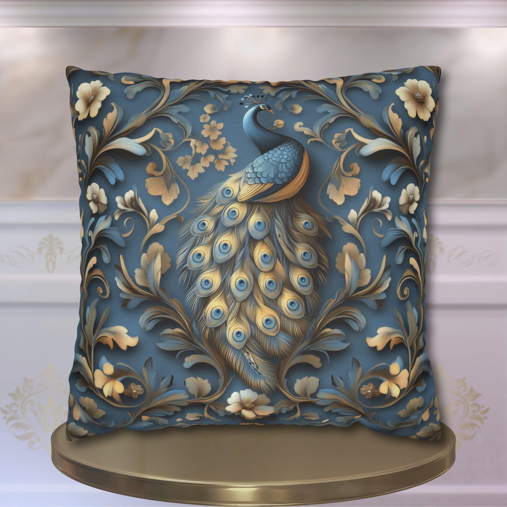 Elegant William Morris Peacock Pillow Cover: Vintage Arts & Crafts Blue Gold Bird Cushion Design