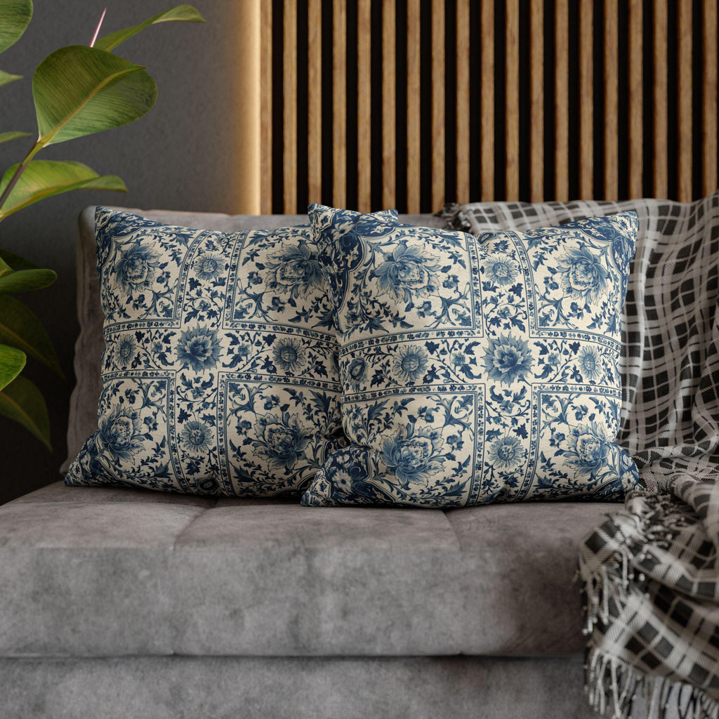 Toile Pillow Cover: Blue and Cream Botanical Farmhouse Decor