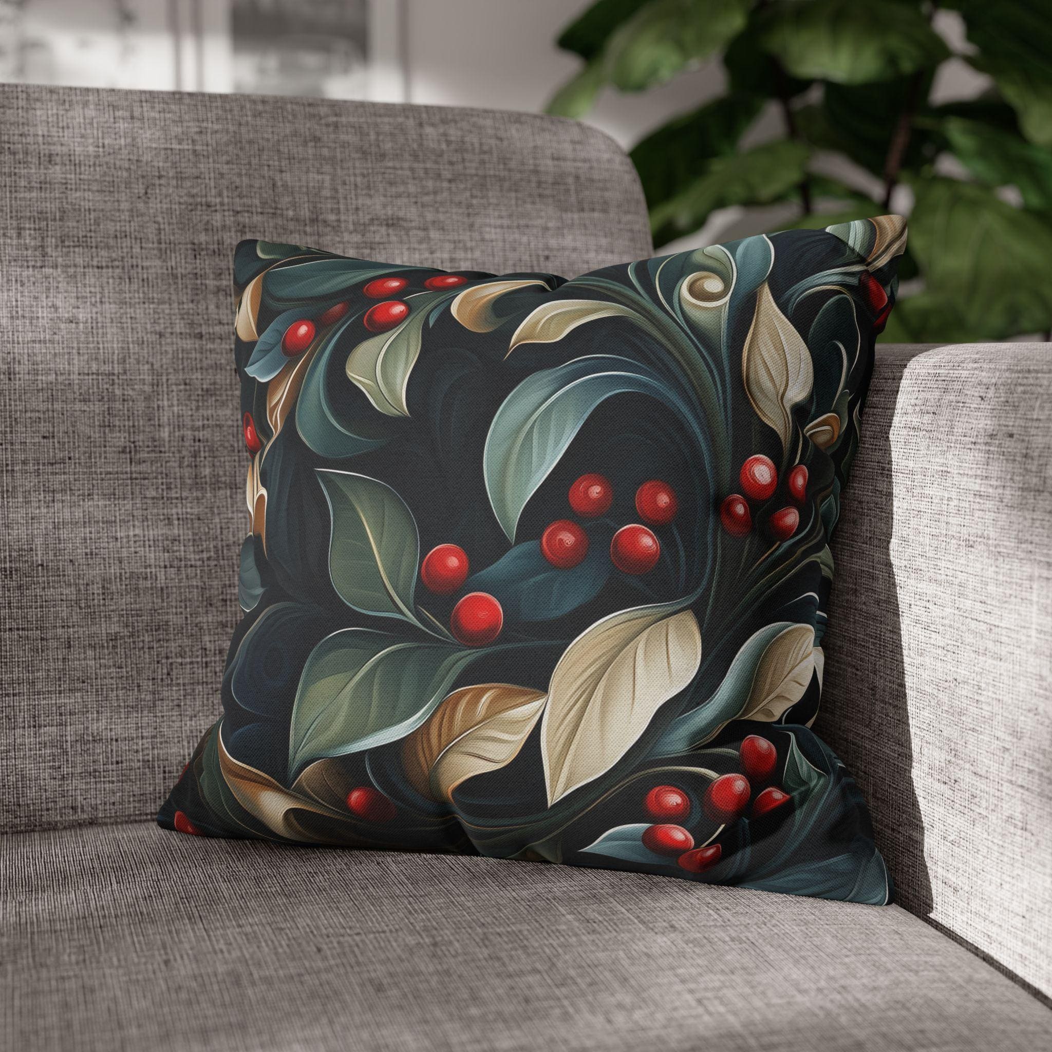 Christmas Botanical Square Pillowcase, Elegant Holly Leaves & Berries Design Cushion Cover