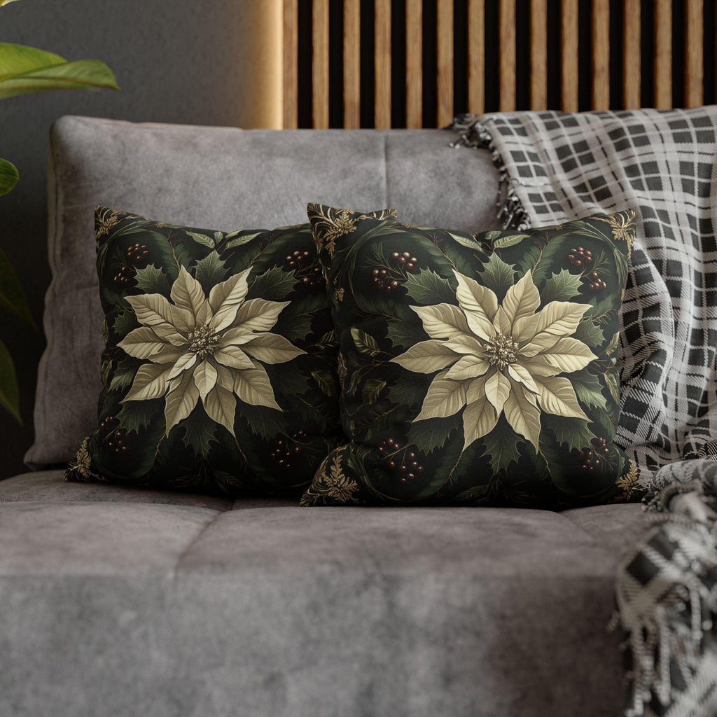 Festive Poinsettia Square Pillow Cover: Elegant Christmas Home Decor for Winter Comfort
