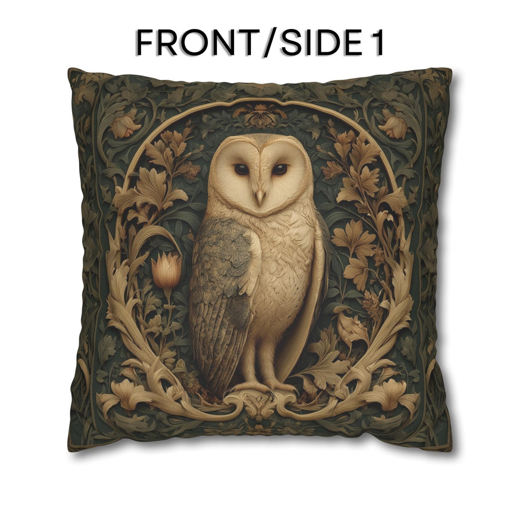 William Morris Style Pillow Cover: Woodland Owl in Moss Green & Antique Gold