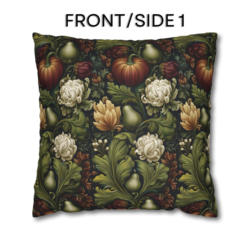 William Morris Inspired Fall Pillow Cover: Pumpkins, Pears, and Ivory Florals on Charcoal