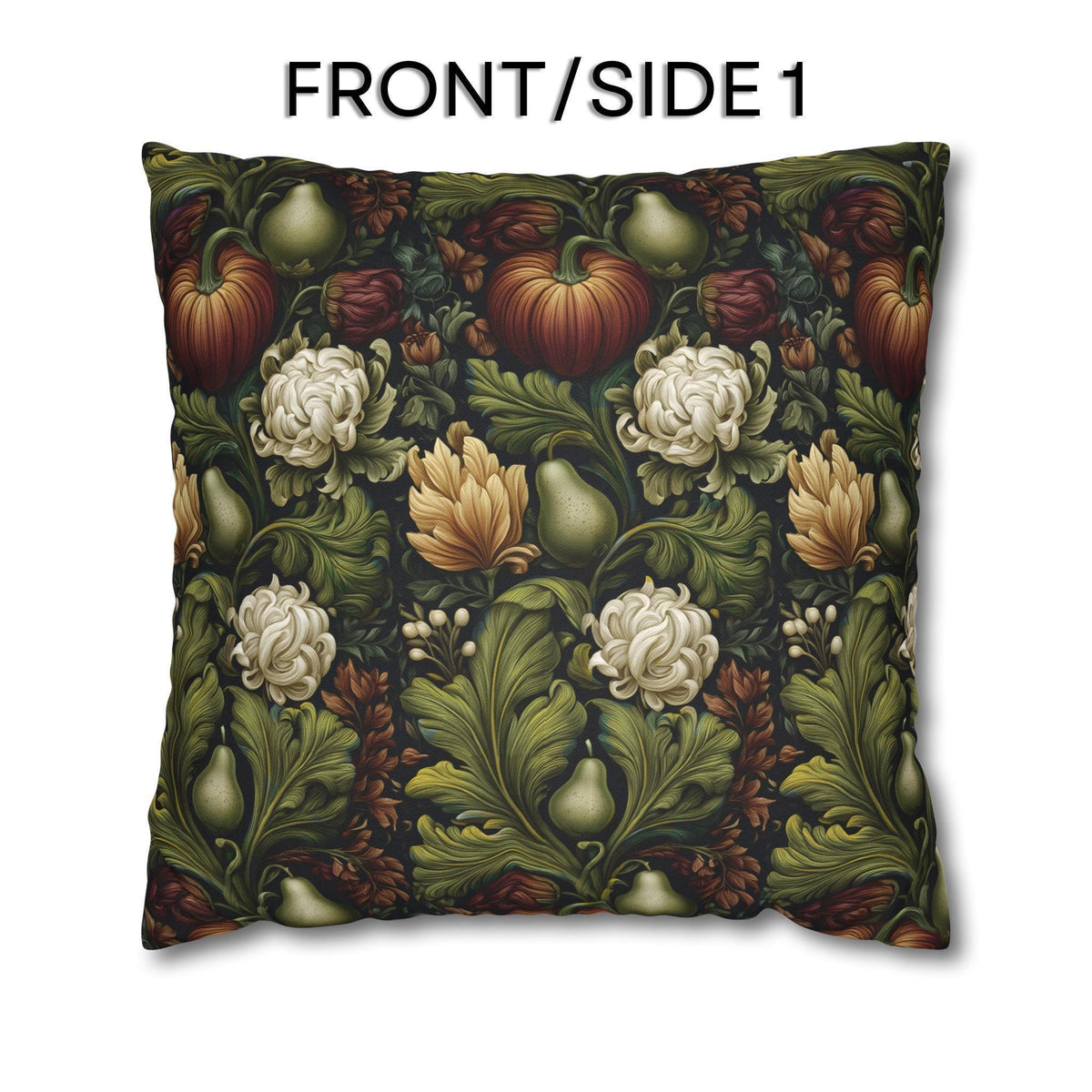 William Morris Inspired Fall Pillow Cover: Pumpkins, Pears, and Ivory Florals on Charcoal