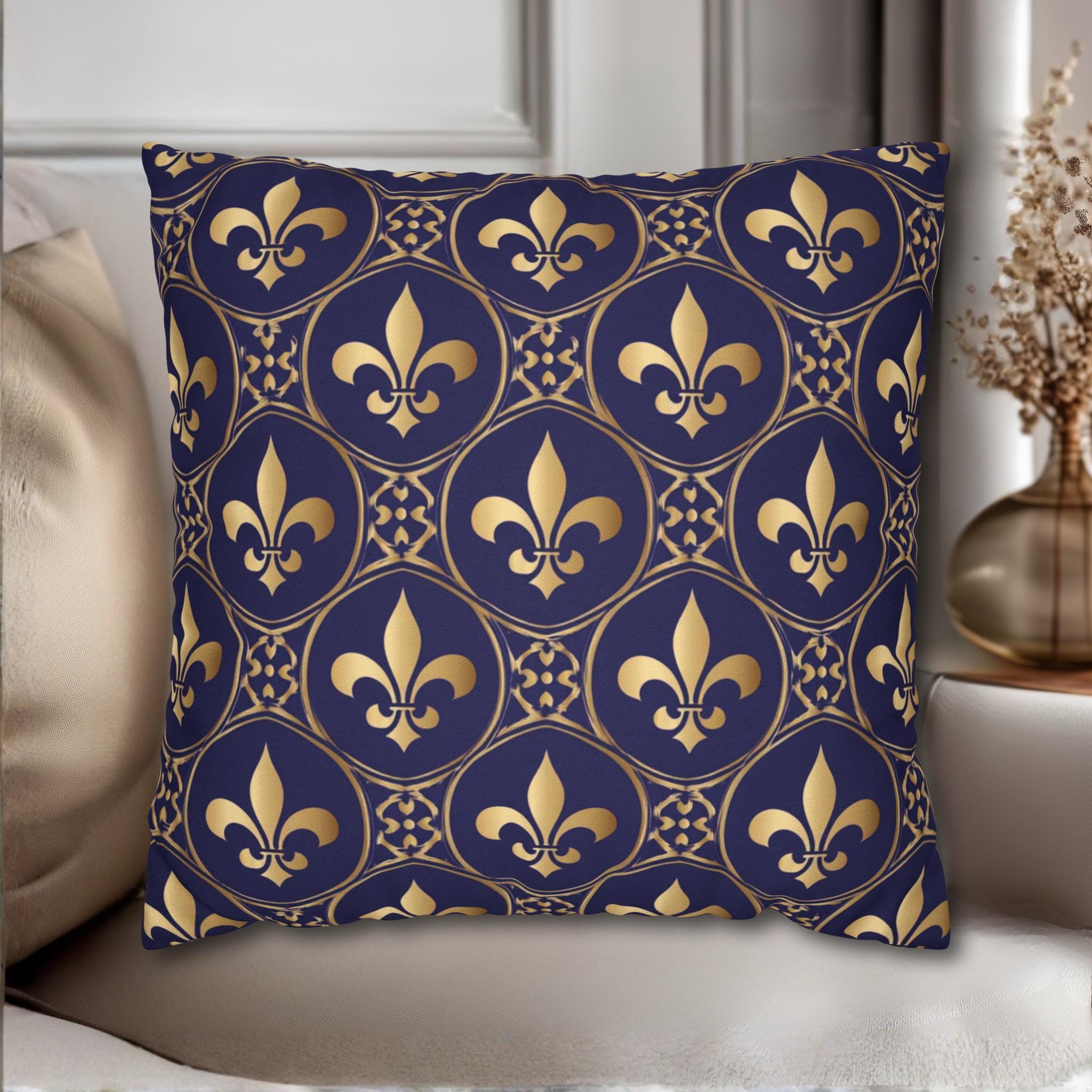 Blue Fleur de Lys Pillow Cover: Royal Gold French Heraldic Pattern