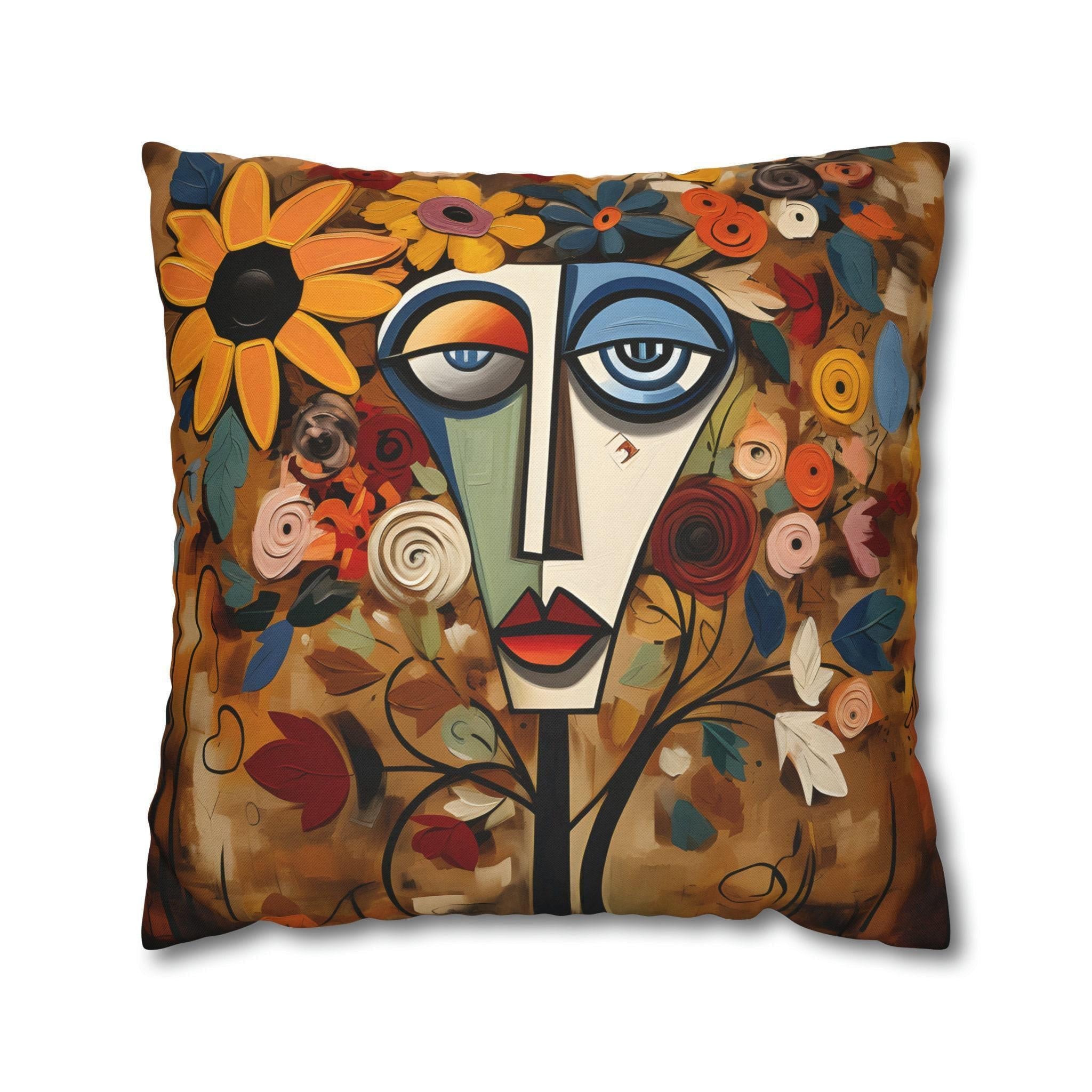 Cubist Wildflower Throw Pillow Cover: Picasso-Inspired Geometric Face Art in Autumn Hues