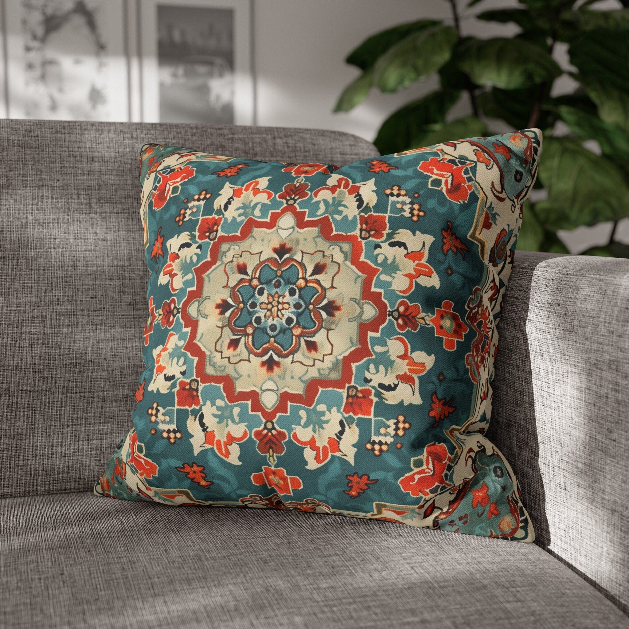 Traditional Turkish Kilim-Inspired Pillow Cover: Vibrant Teal Medallion Design Square Cushion