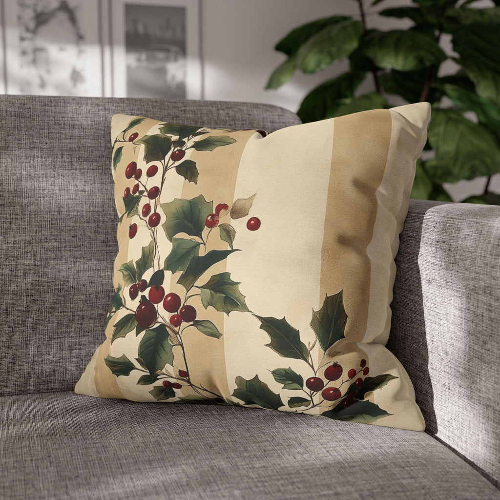 Vintage Style Holly & Stripes Pillow Cover: Classic Christmas Botanical Accent