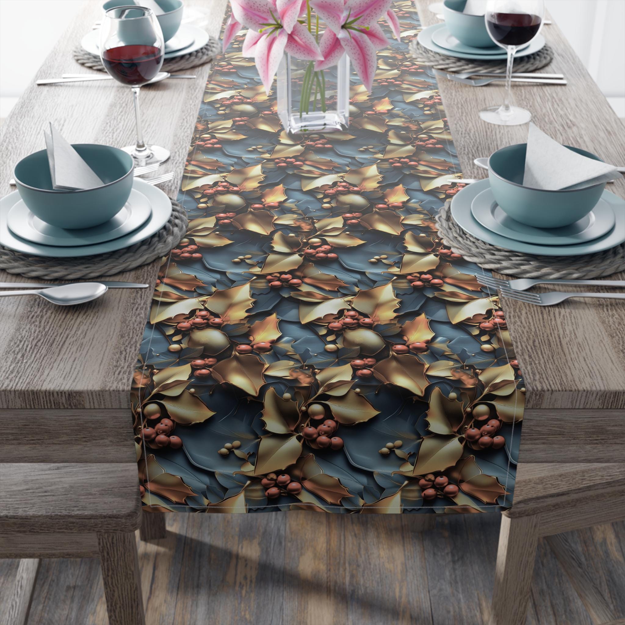 Christmas Holly Table Runner, Teal Red Berry Gold Leaf Design