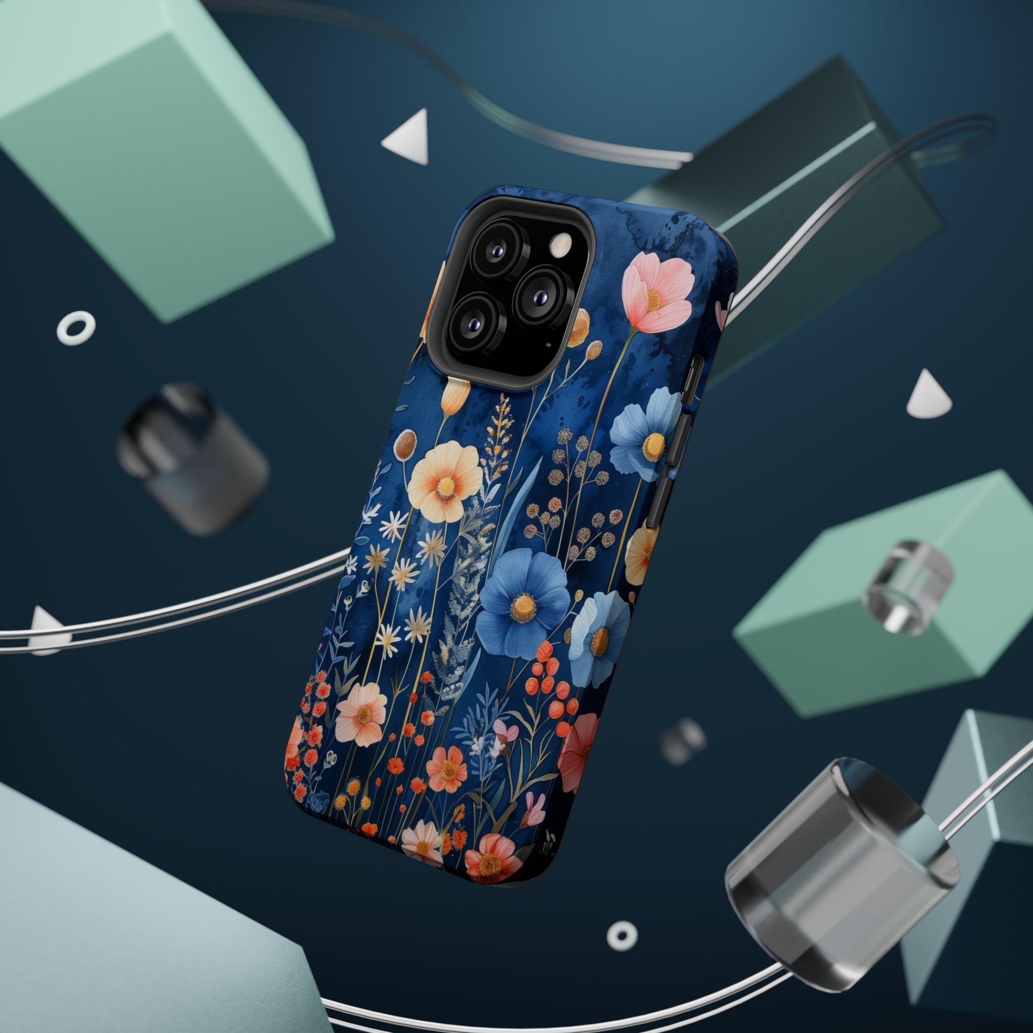 Blue Wildflower MagSafe iPhone Case: Dreamy Floral Design 14 15 16 Pro Plus Max