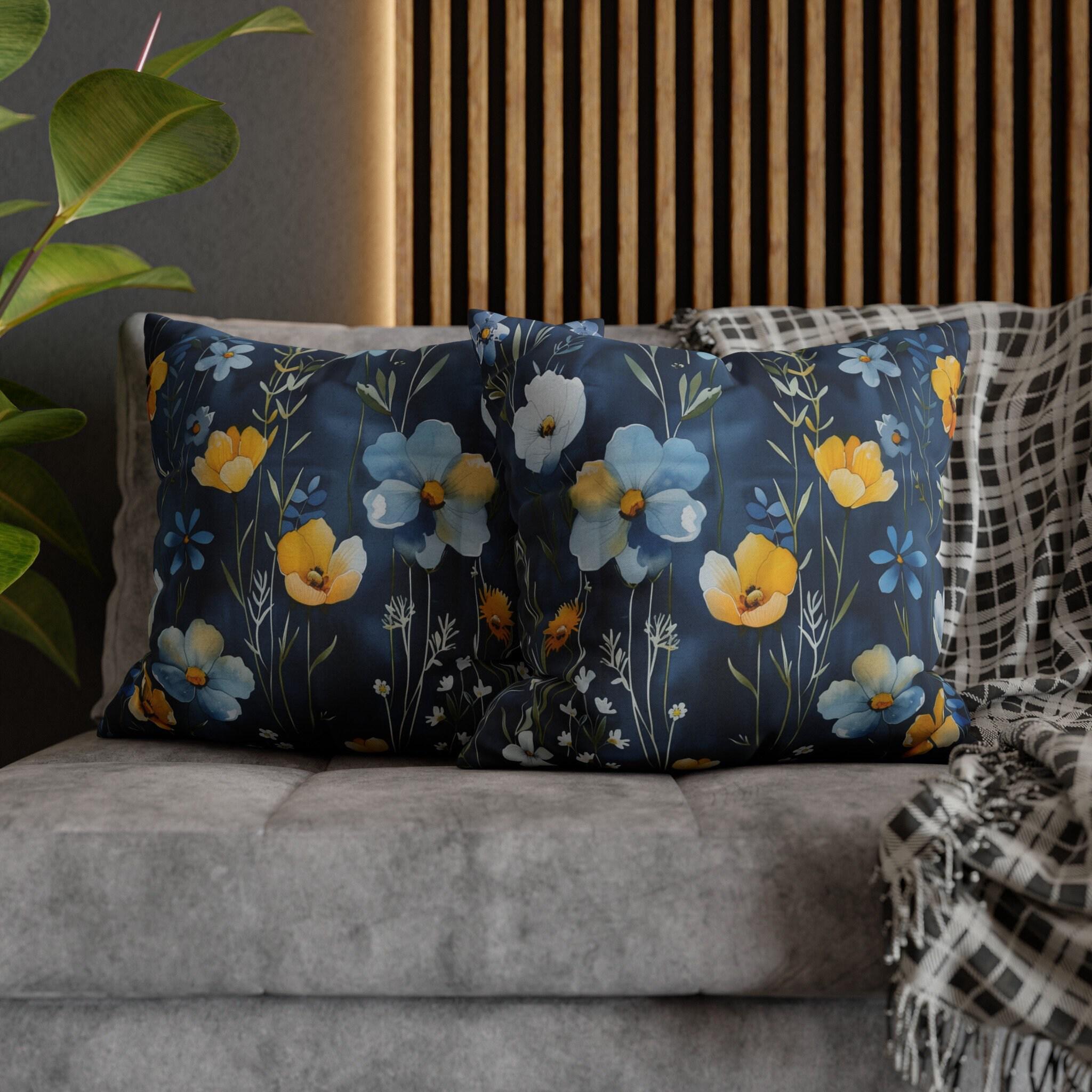 Floral Pillow Cover, Watercolor Style, Elegant Dark Blue, Accent Pillowcase