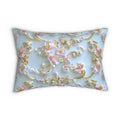 Rococo-Inspired Coquette Lumbar Pillow: Soft Pink Flowers on Pastel Blue with Gold Accents