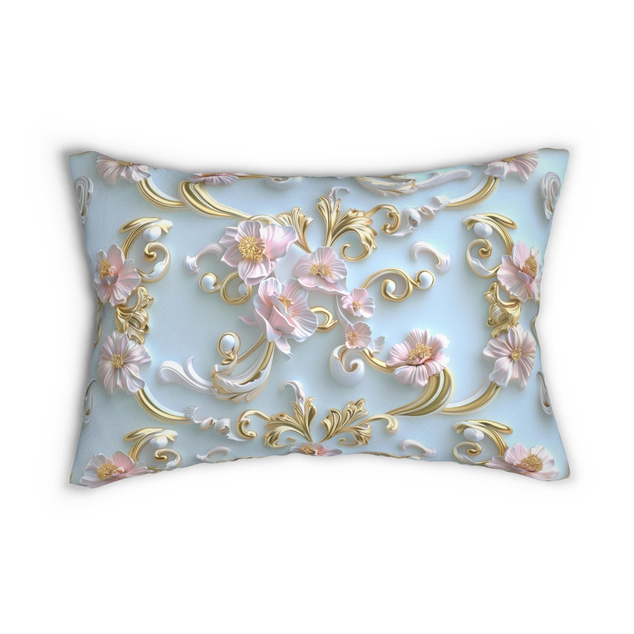 Rococo-Inspired Coquette Lumbar Pillow: Soft Pink Flowers on Pastel Blue with Gold Accents